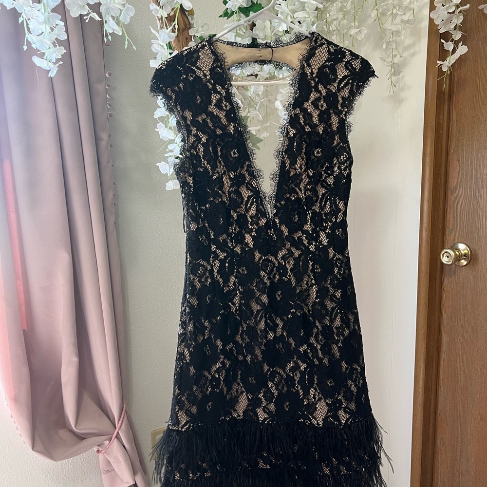 Aidan by Aidan Mattox Cap Sleeve Lace Cocktail Dress with Feather Trim in Black - Picture 9 of 15